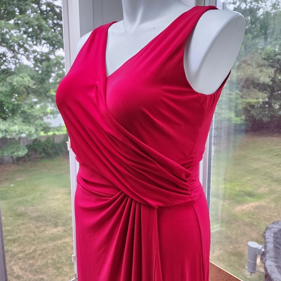 CHAPS Dark Red Stretch Jersey Faux Wrap Ruched Maxi Dress - Picture 10 of 11